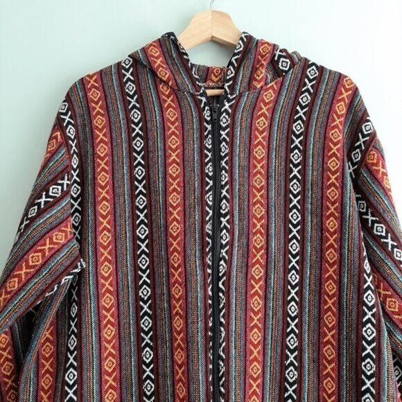 Woven Tribal Boho Full-Zip Hooded Jacket Ethnic Embroidered Fabric Sz L - Picture 2 of 11